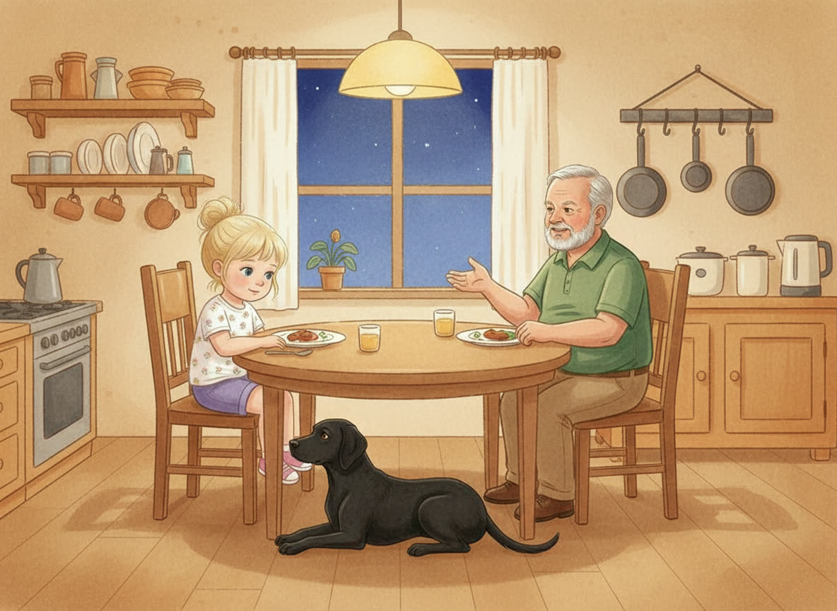 Poppy sits quietly at supper while Grandpa Miles talks, Scout's chin on her knee