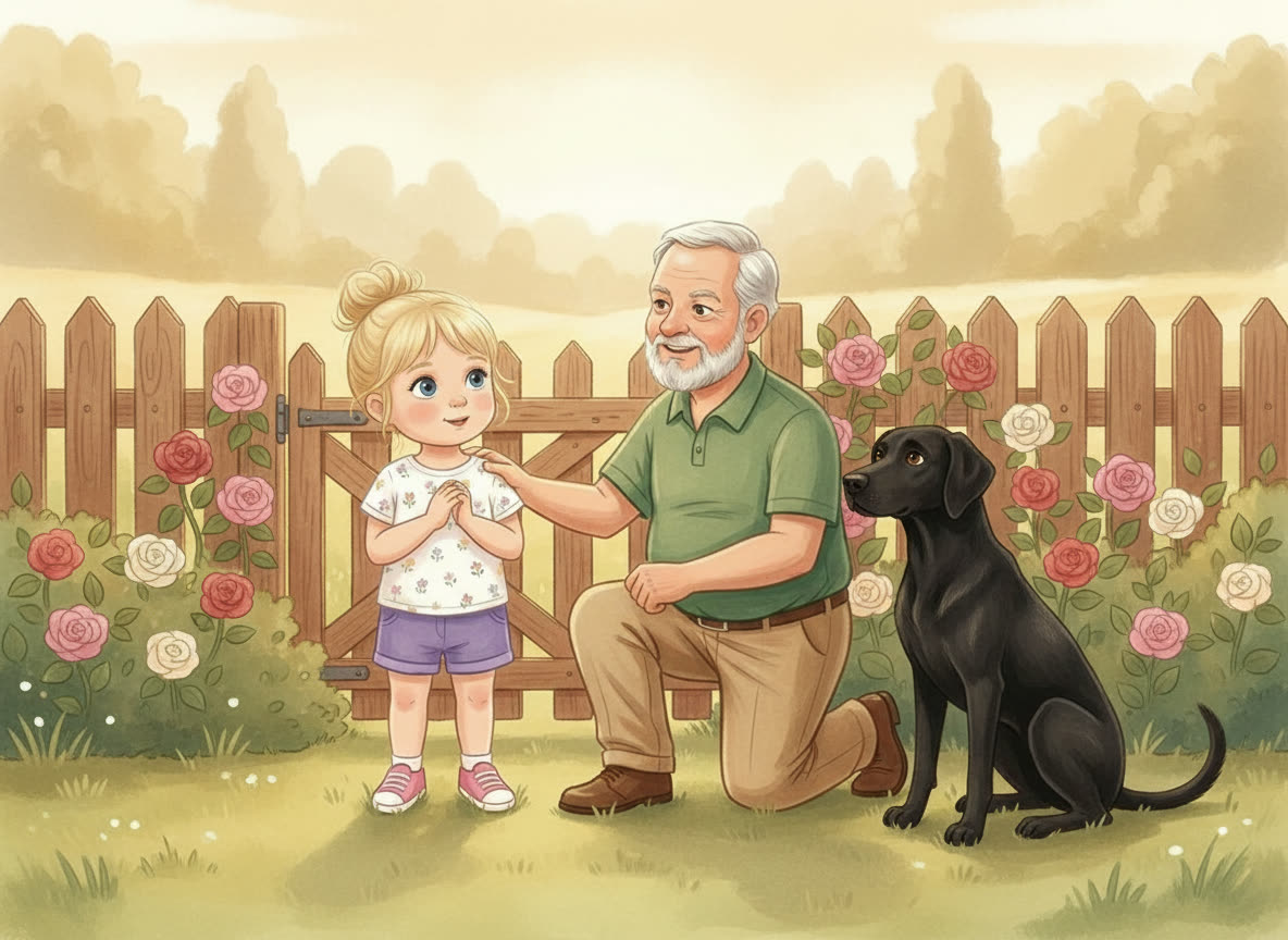 Poppy tells Grandpa Miles the truth about the open gate, Scout at her side