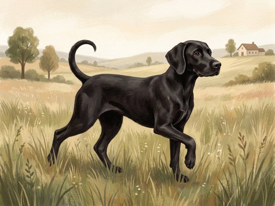 Scout, a black pointer dog crossing a grassy field with his tail up