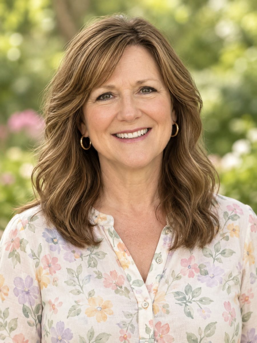 Photo of Grandma Rose, a smiling woman with shoulder-length light brown hair, wearing a floral blouse