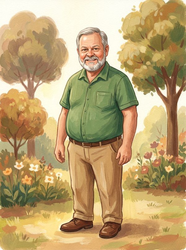 Grandpa Miles as a storybook character — grey beard and green shirt