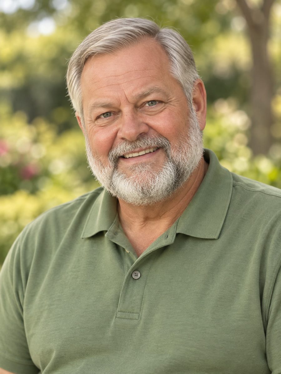 Photo of Grandpa Miles, a smiling silver-haired man with a grey beard, wearing a green polo shirt