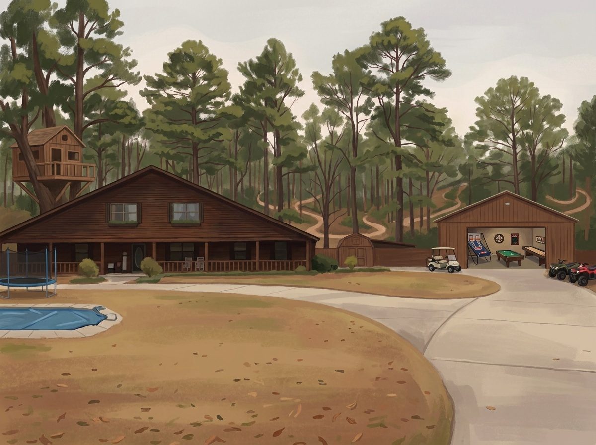 The storybook home — the same house and pines, now with the tree house, pool, trampoline and winding trails