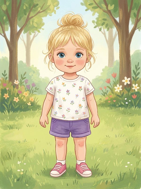 Poppy as a storybook character — blonde bun, flower shirt, purple shorts and pink shoes