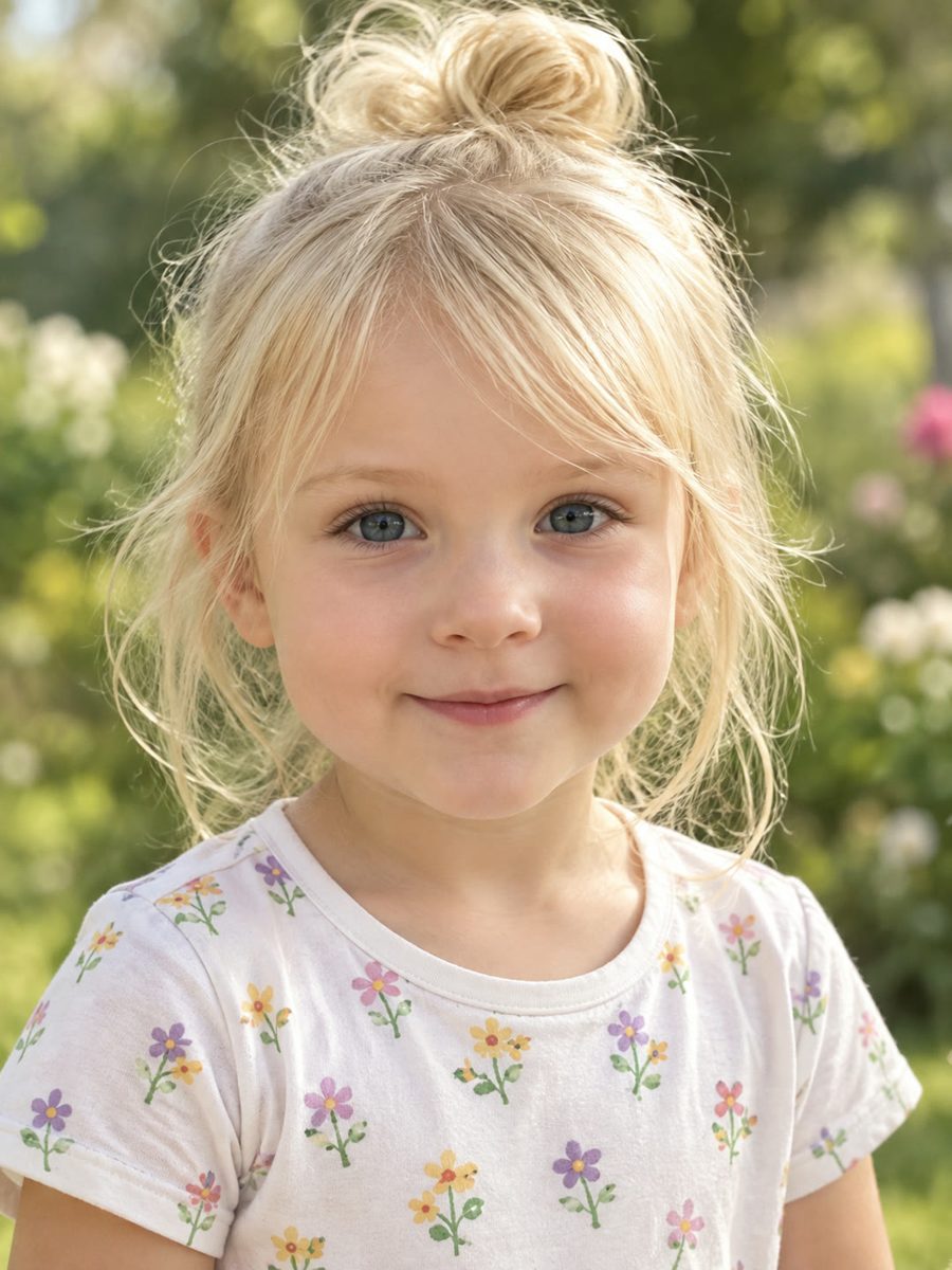 A real family photo — a little blonde girl with her hair in a top bun, wearing a flower-print shirt