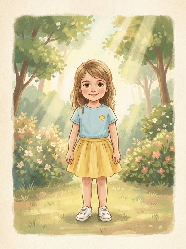 Hazel as a storybook character in her star t-shirt and yellow skirt