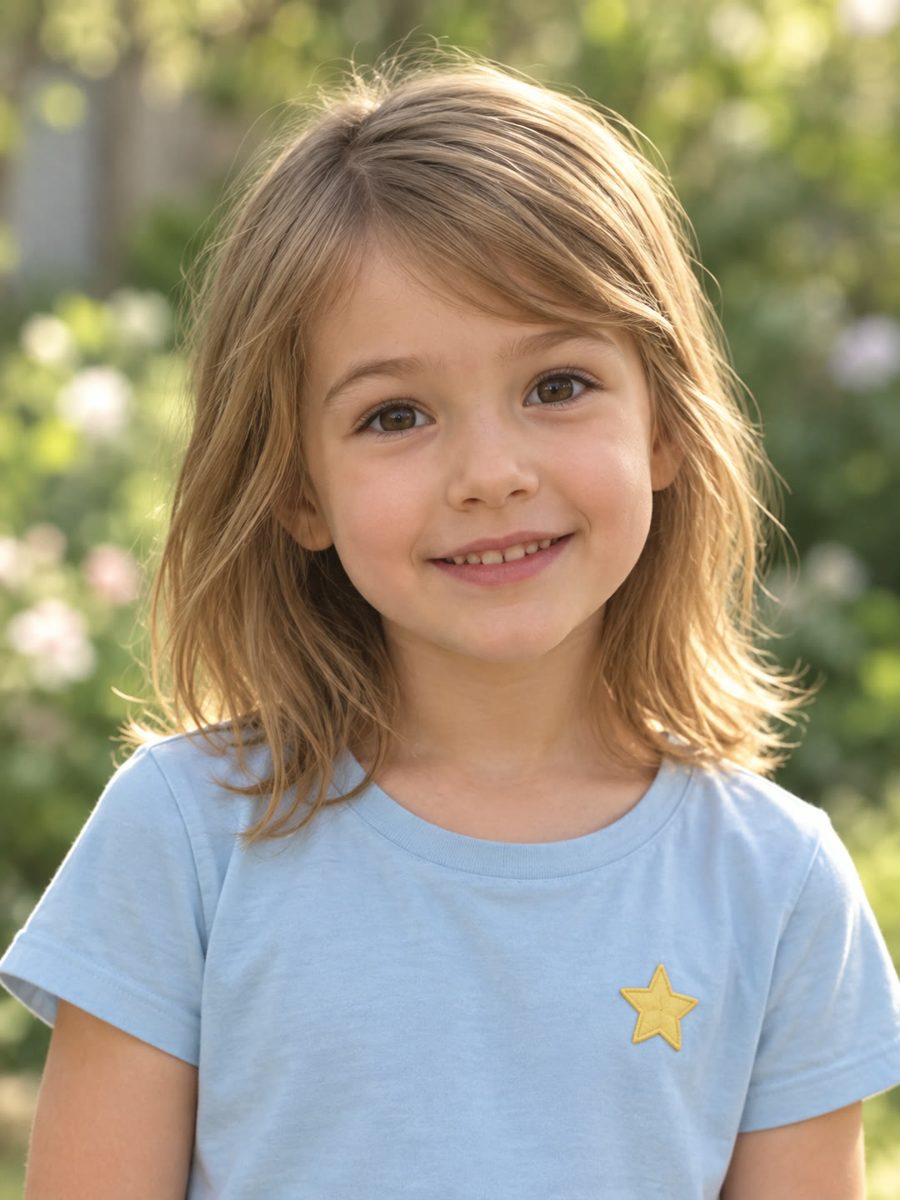 Photo of Hazel, a smiling five-year-old with dark blonde hair, wearing a blue t-shirt with a yellow star