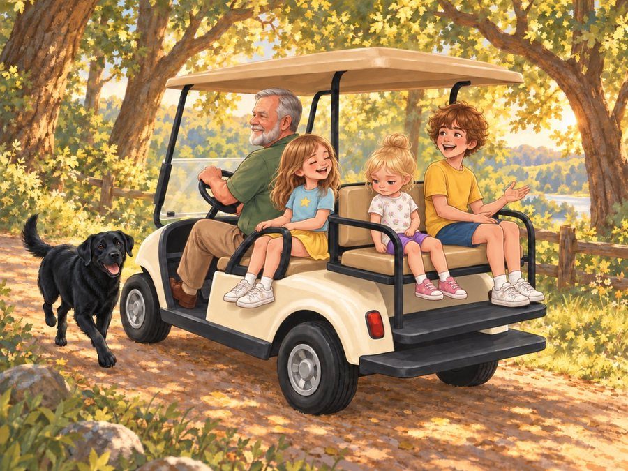 Grandpa Miles drives Hazel, Poppy and Owen in the golf cart while Scout runs alongside