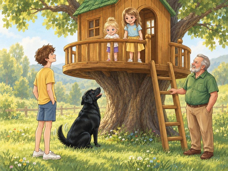 Hazel and Poppy on the treehouse balcony, Owen and Scout below, Grandpa Miles by the ladder