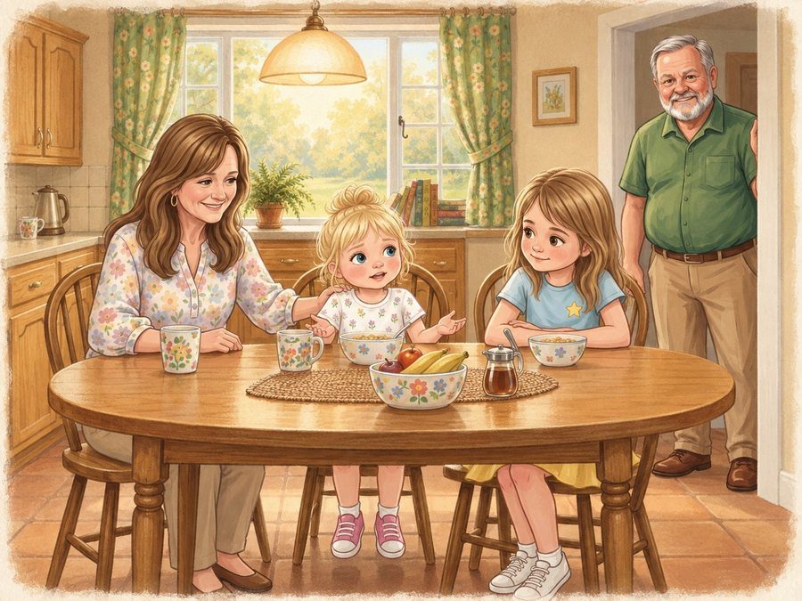 Grandma Rose, Poppy and Hazel at the breakfast table while Grandpa Miles comes in