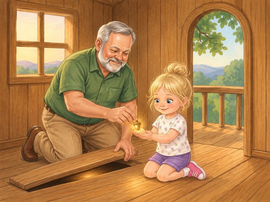 Inside the treehouse, Poppy and Grandpa Miles find a glowing golden acorn under a floorboard