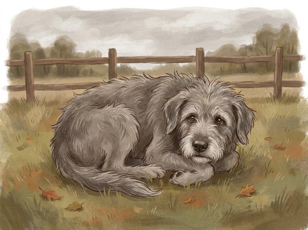 Murphy, an old shaggy grey mutt resting by a wooden fence