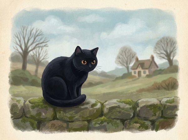 Pepper, a short-haired black cat sitting on a stone wall