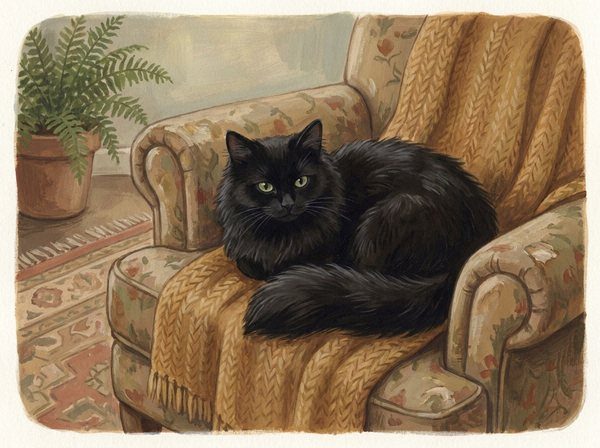 Mabel, a long-haired black cat curled up on an armchair