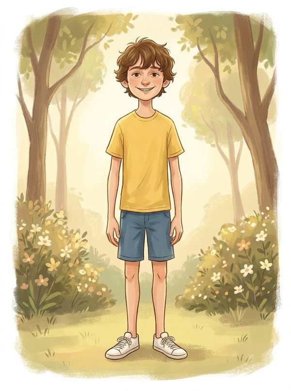 Owen as a storybook character in his yellow t-shirt and blue shorts