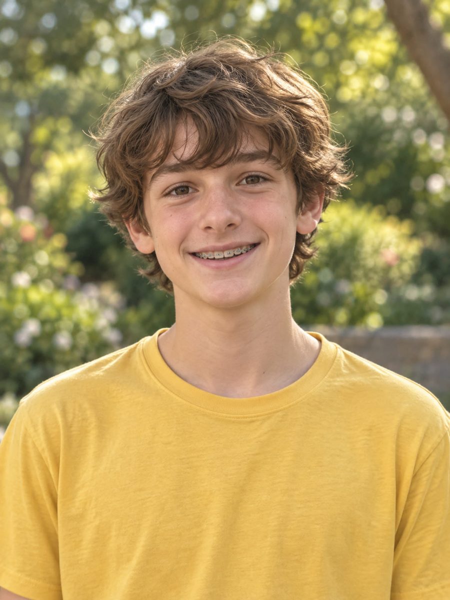 Photo of Owen, a smiling teenage boy with wavy brown hair, wearing a yellow t-shirt